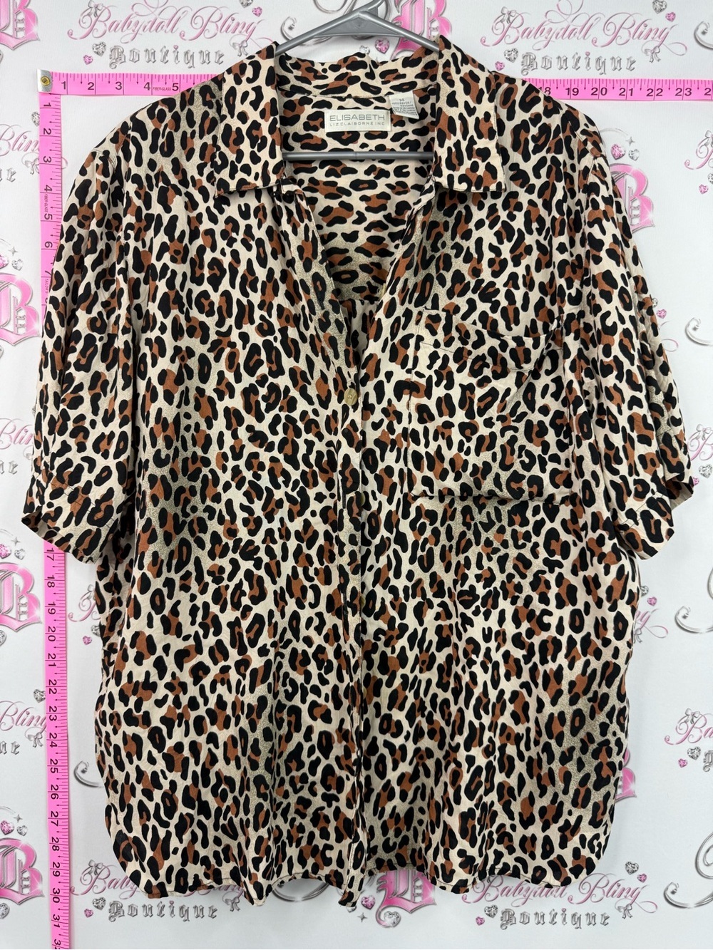 Elisabeth Liz Claiborne shirt Leopard Print Button-Up Top in Tan, Black, Brown